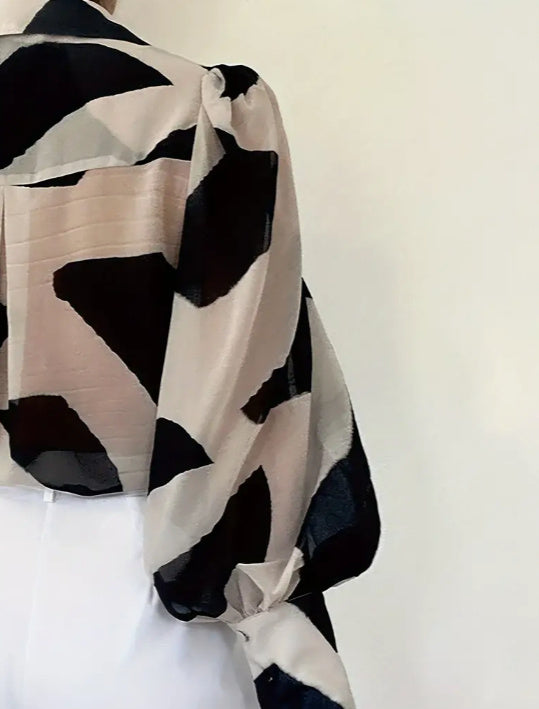 Abstract Sheer Button-Down Blouse – Voluminous Sleeve Edition