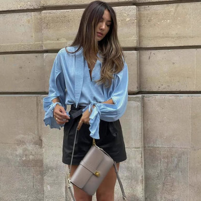 Draped Tie-Collar Blouse with Ruched Cuffs