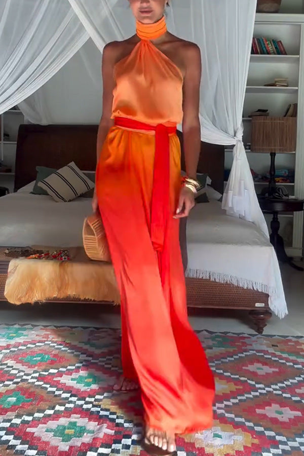 Sunset Satin Halter Neck Maxi Dress – Ombre Elegance