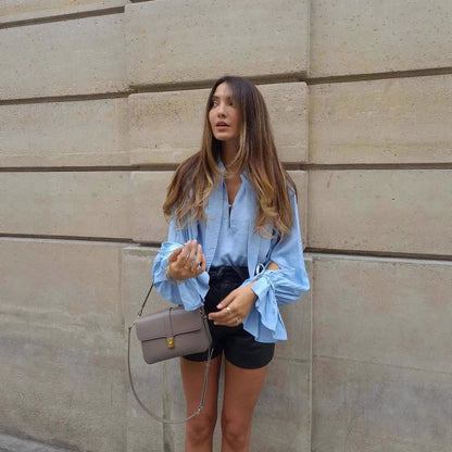 Draped Tie-Collar Blouse with Ruched Cuffs