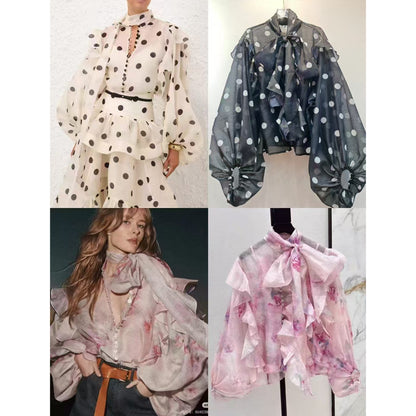 Sheer Ruffle Tie-Neck Blouse – Available in Floral & Polka Dot Prints