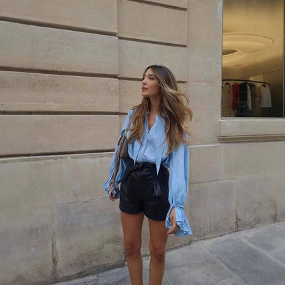 Draped Tie-Collar Blouse with Ruched Cuffs