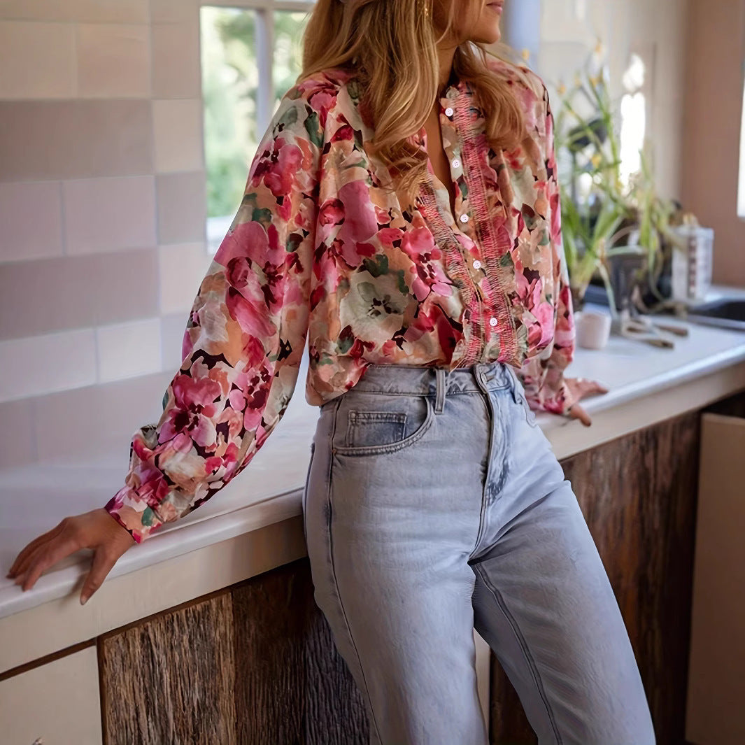 Romantic Ruffle Button-Down Blouse – Watercolor Bloom