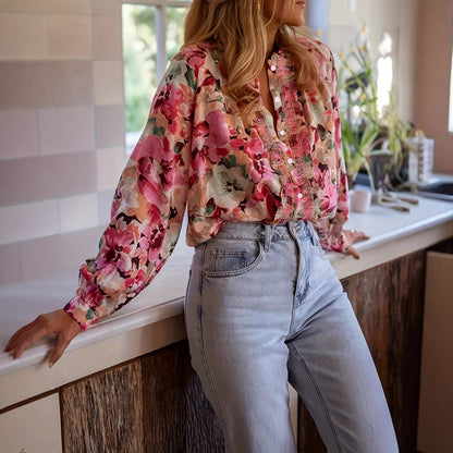 Romantic Ruffle Button-Down Blouse – Watercolor Bloom