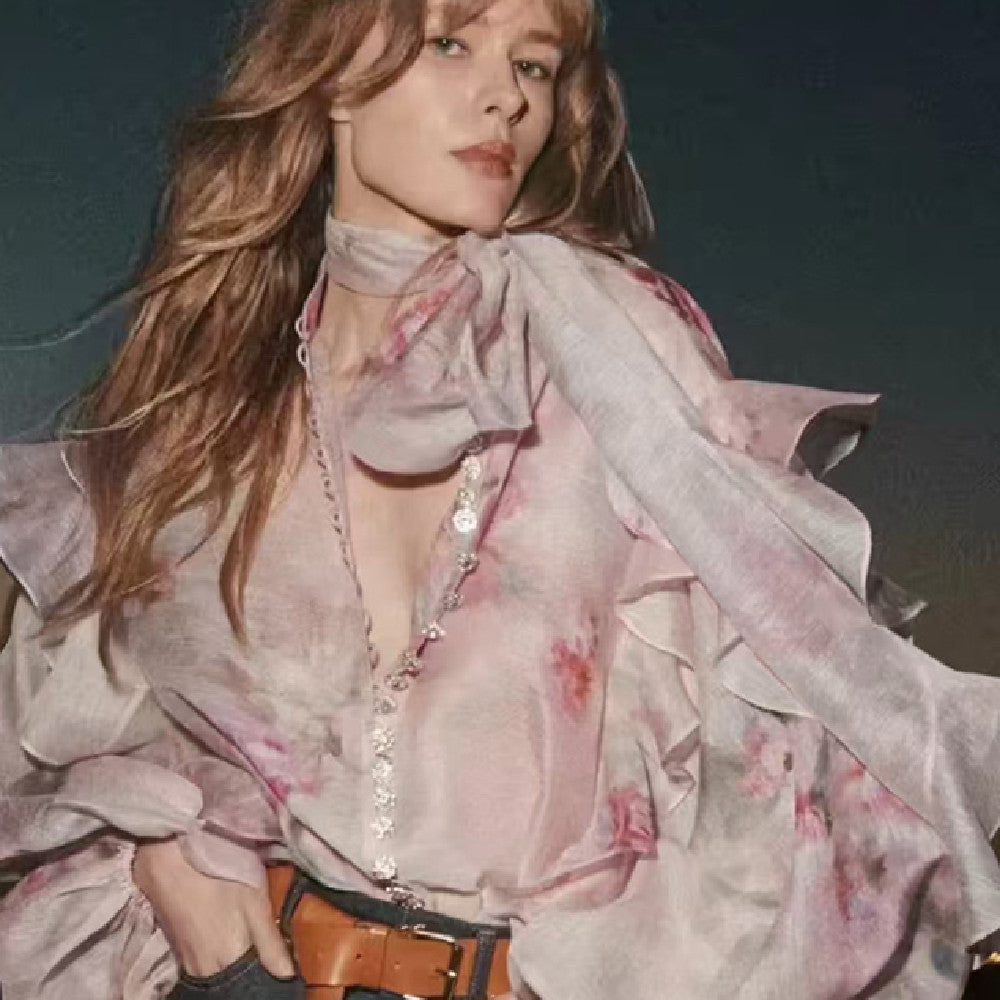 Sheer Ruffle Tie-Neck Blouse – Available in Floral & Polka Dot Prints