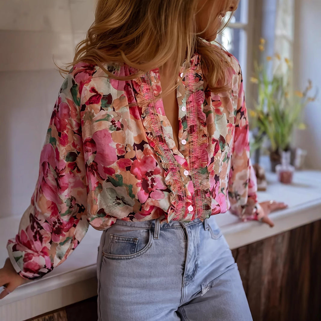 Romantic Ruffle Button-Down Blouse – Watercolor Bloom