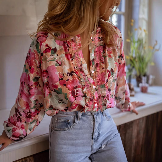 Romantic Ruffle Button-Down Blouse – Watercolor Bloom