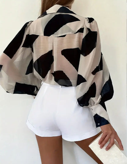 Abstract Sheer Button-Down Blouse – Voluminous Sleeve Edition