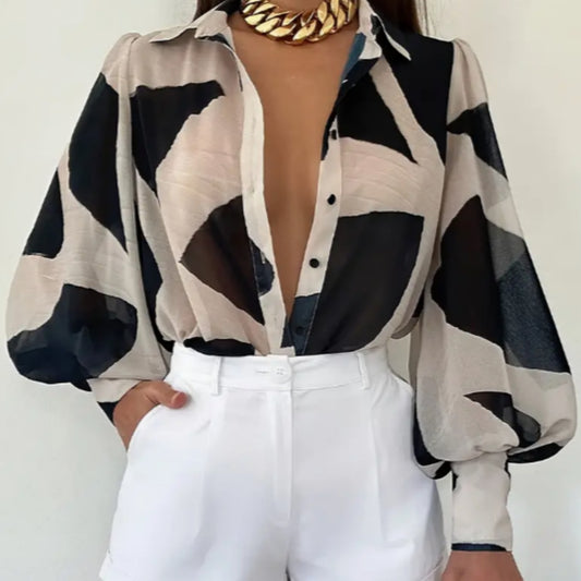 Abstract Sheer Button-Down Blouse – Voluminous Sleeve Edition